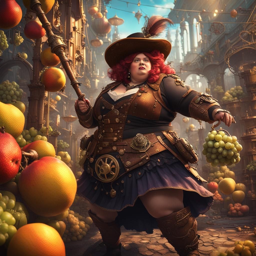 Steampunk Woman Warrior in a Fruit Fantasy World