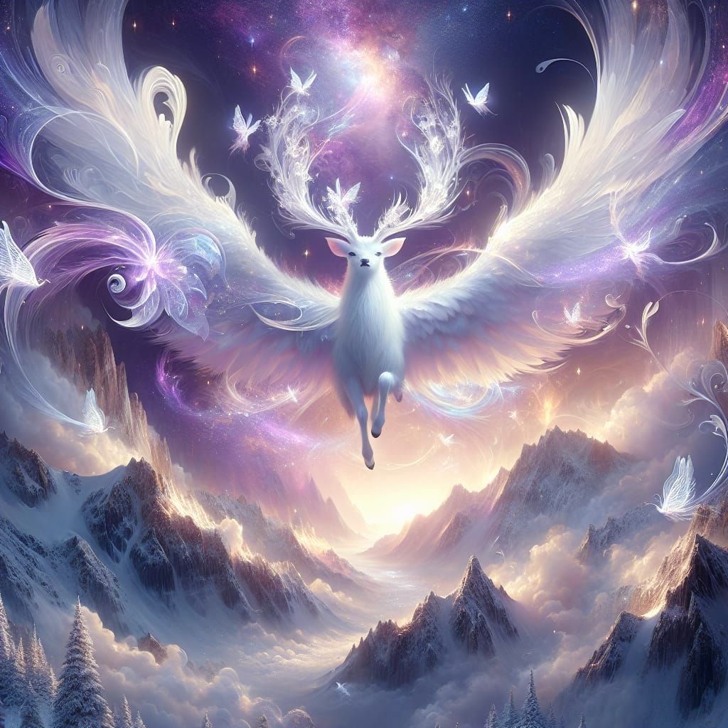Majestic White Stag soars Over Snowy Mountains in Cosmic Fan...