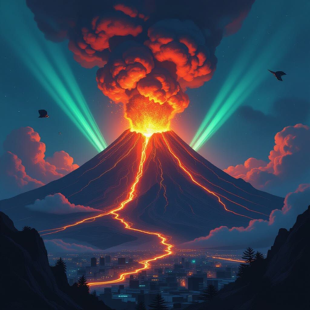 Volcanic Eruption with Molten Gold and Silver Lava