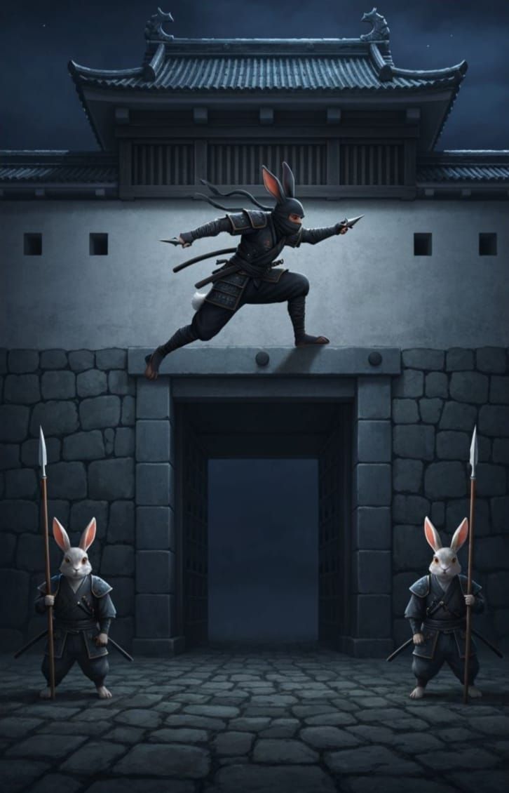 Ninja Rabbit Scaling Castle Wall in Edo Japan