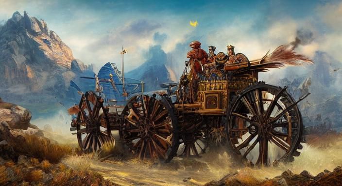 Steampunk Chariot Battle in the Mountains