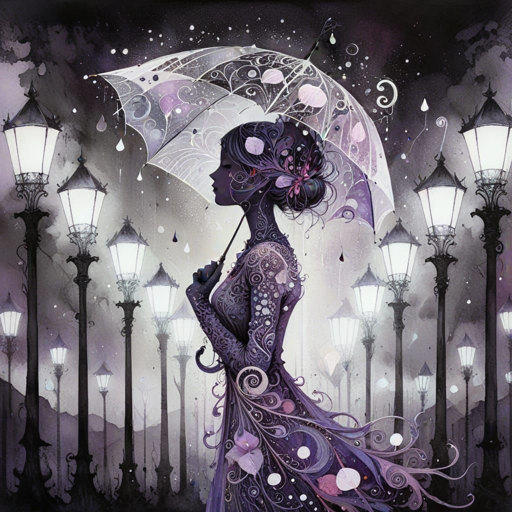 Watercolor Whimsy: A Woman's Serene Umbrella Moment