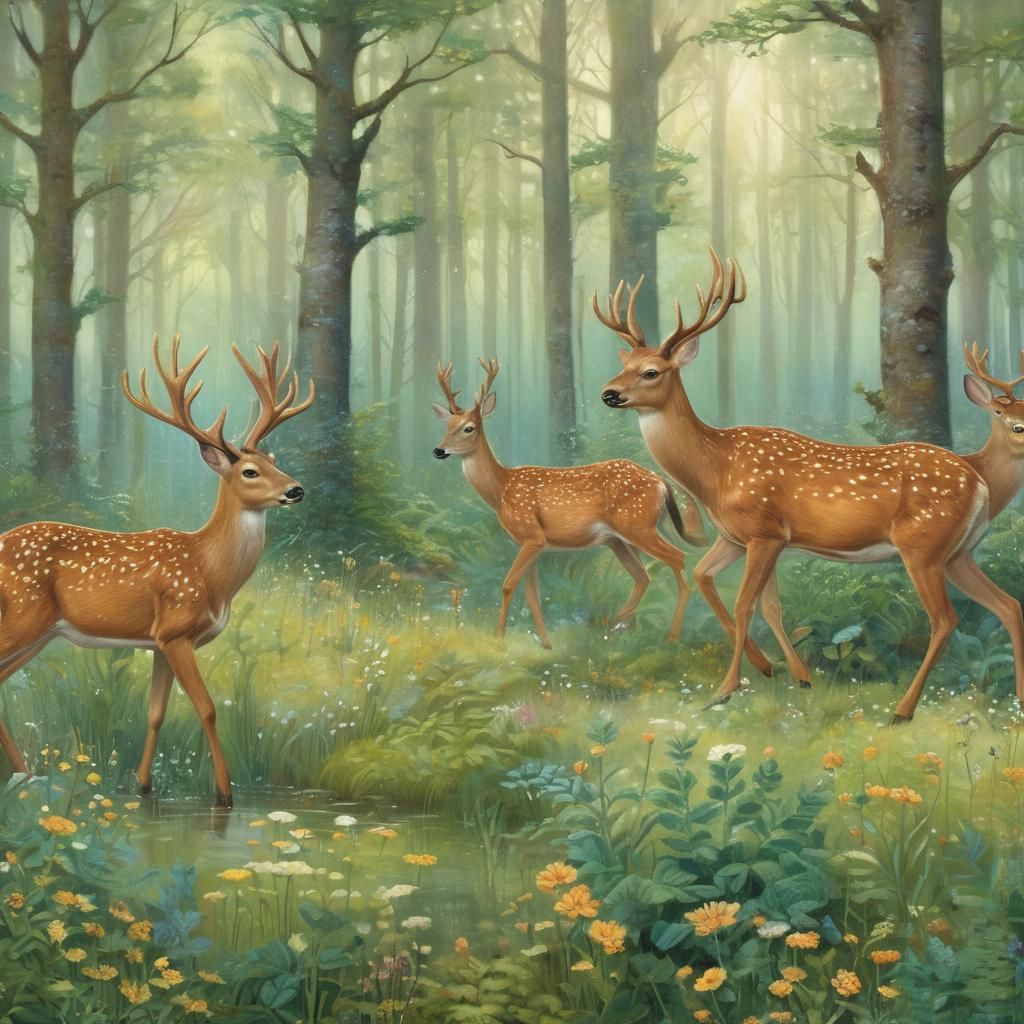 Enchanted Deer Run Through Forest in Children's Book Style