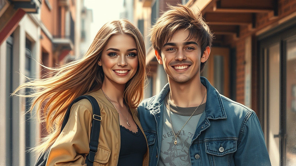 Couple's Embrace in Sunlit Urban Watercolor Portrait