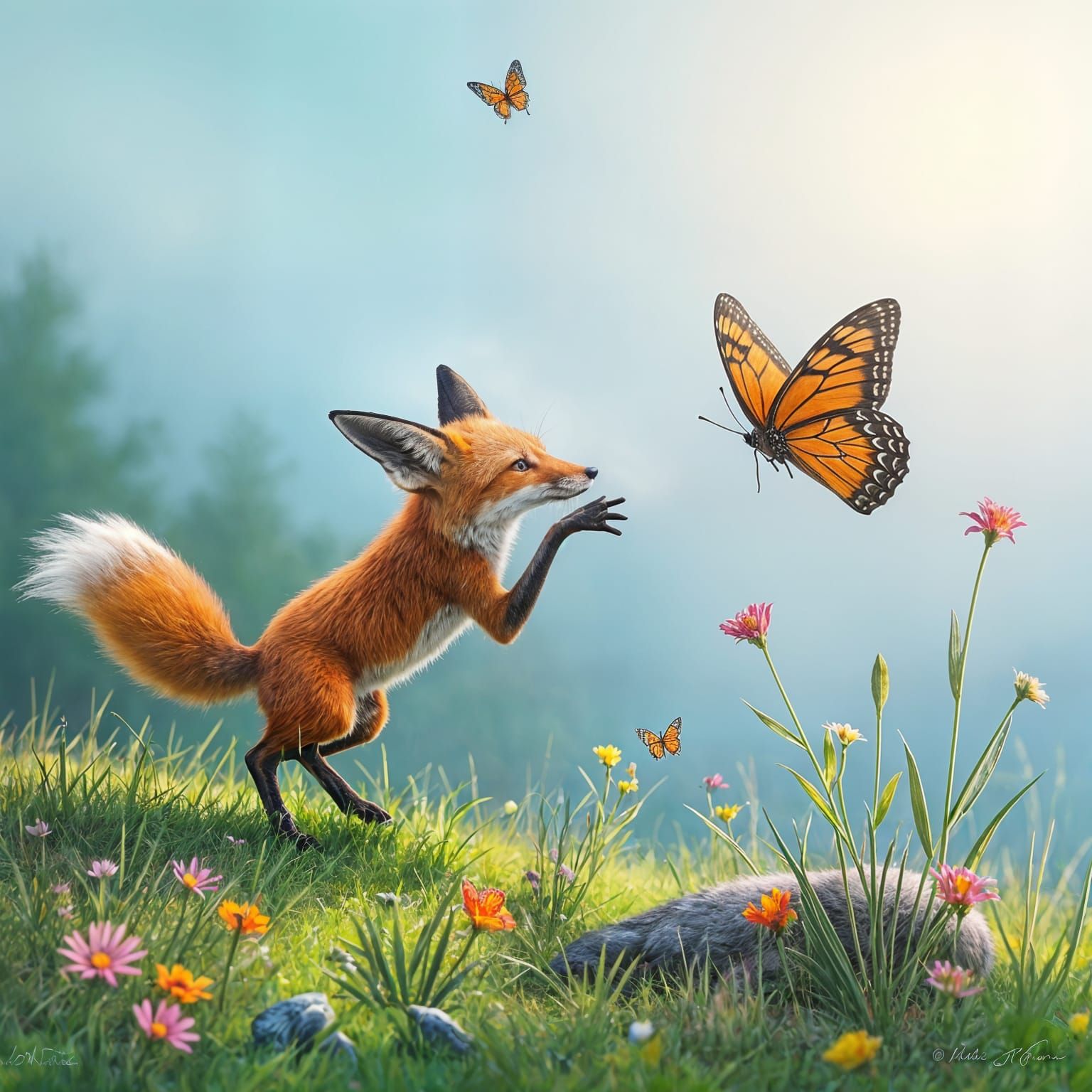 Fox and Butterfly in a Lush Meadow