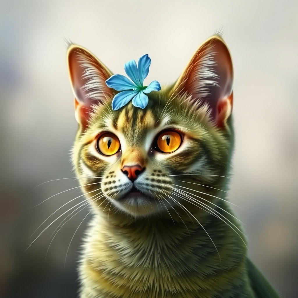 Green Cat with Blue Flower, Hyperrealistic Digital Art