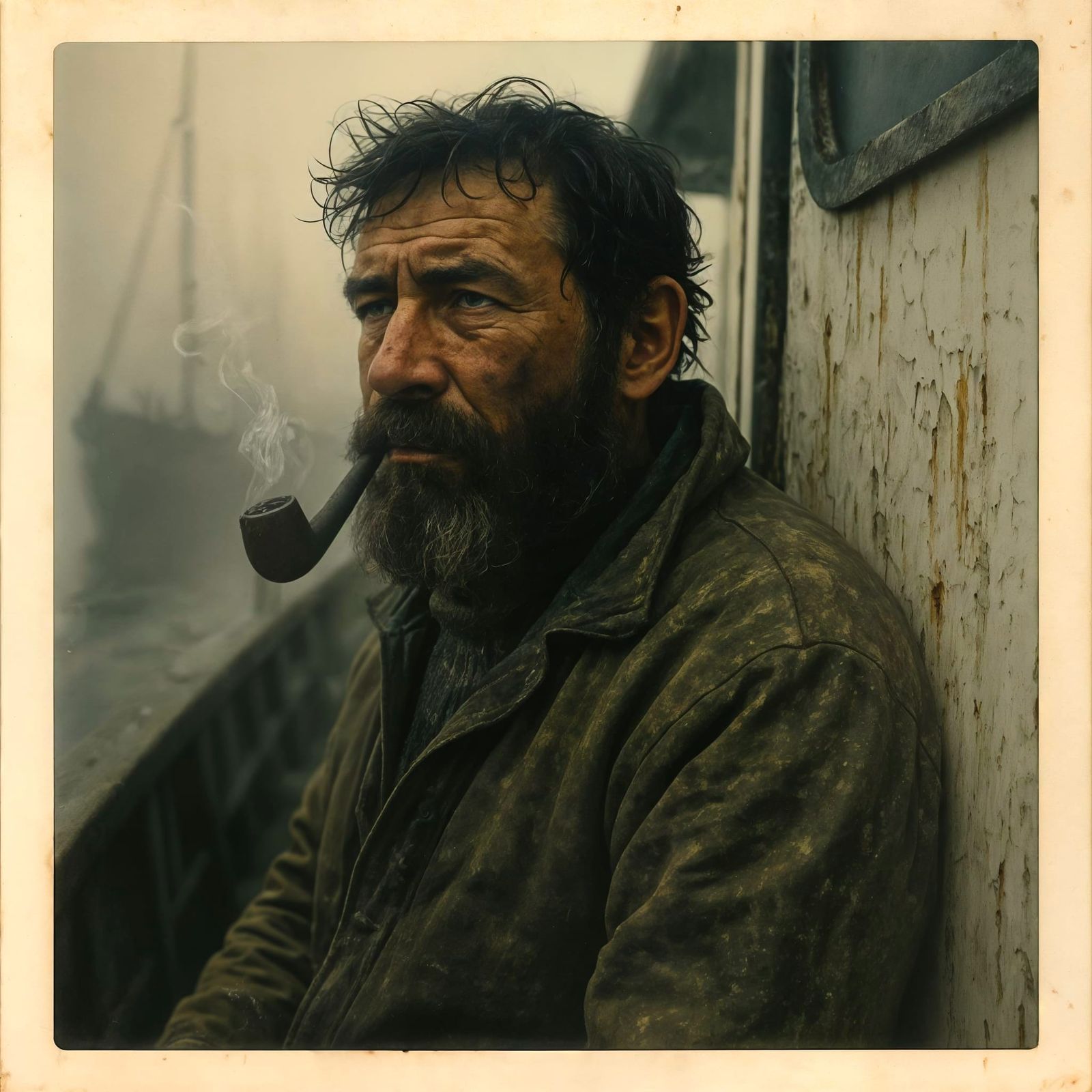 Maine Fisherman in Fog, Polaroid Style