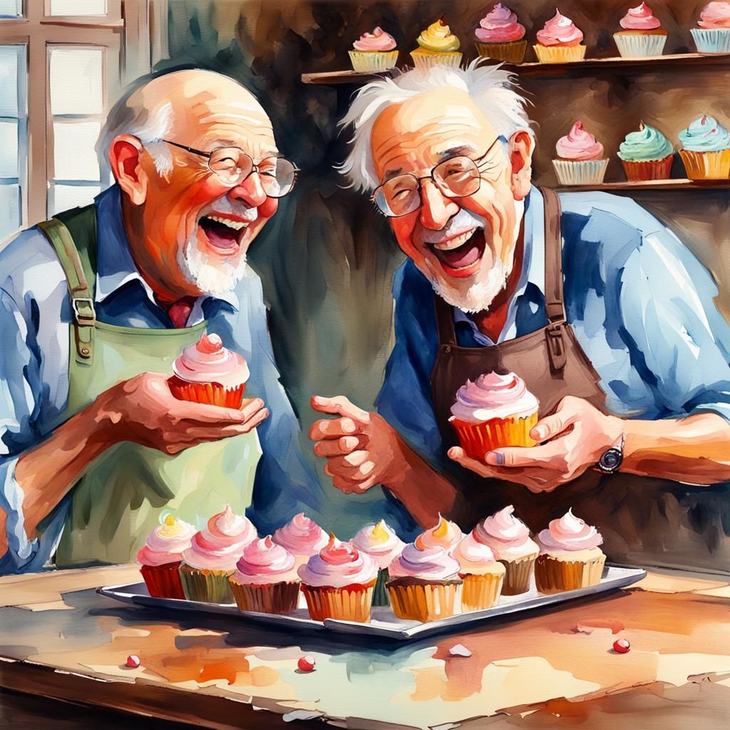 Laughing Men Enjoying Cupcakes in Watercolor Style