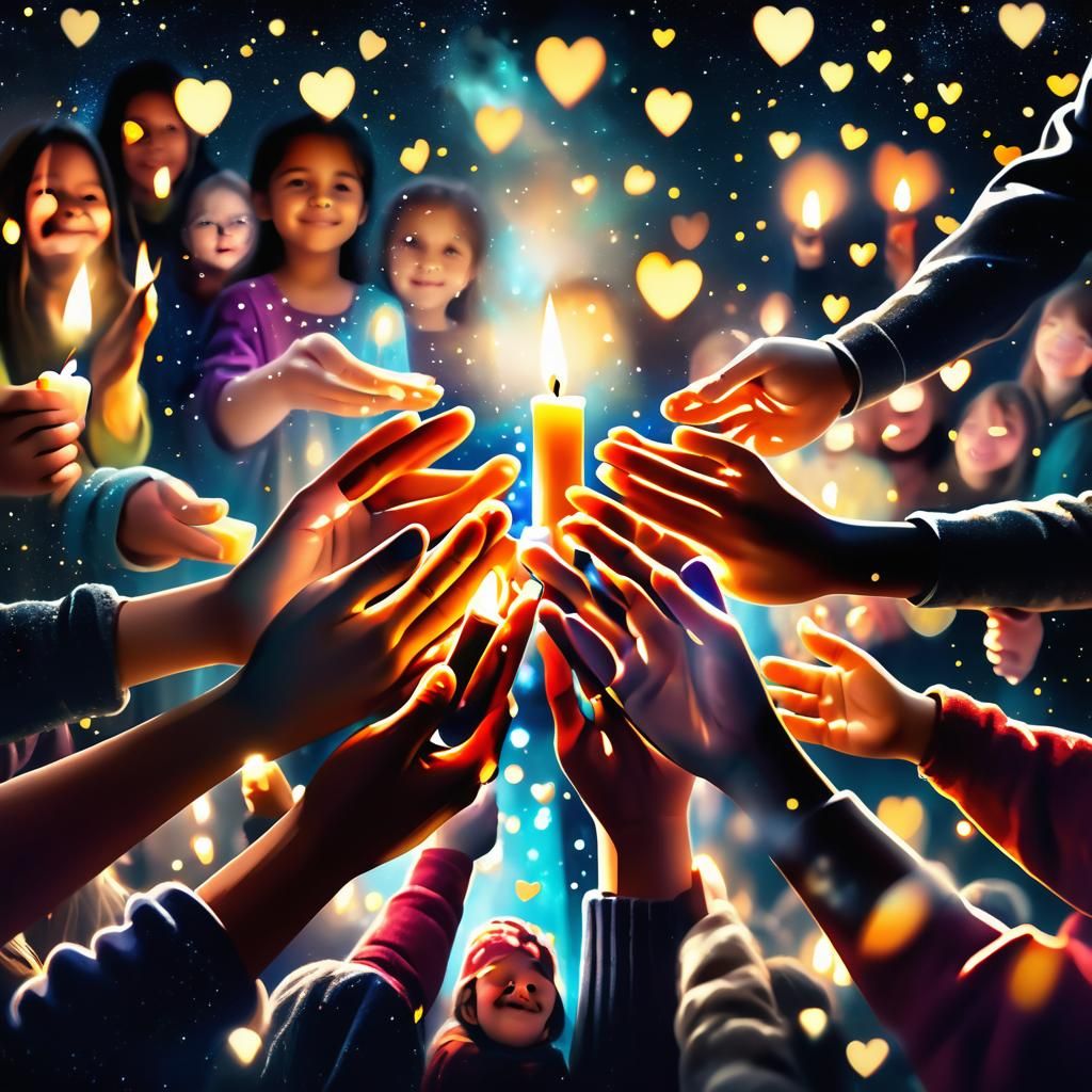 Hands Holding Candles in Starry Sky: Digital Art