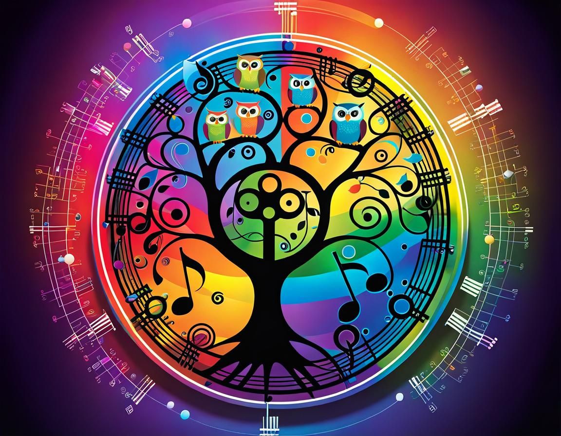 Surreal Music Tree with Owls and Rainbow Hues
