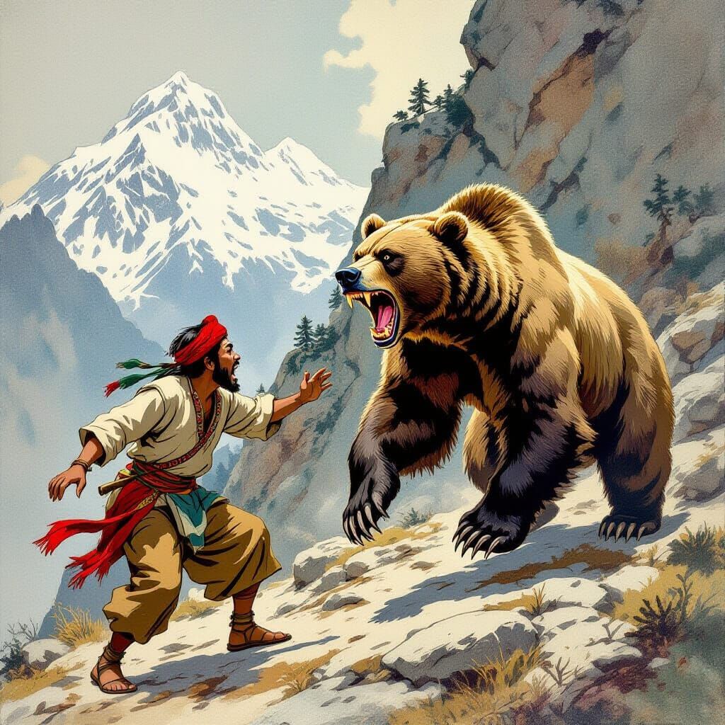 Himalayan Peasant Confronts Fierce She-Bear in Mountain Land...