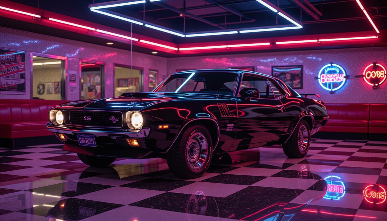 1970s Muscle Car Under Neon Lights, Cinematic Realism