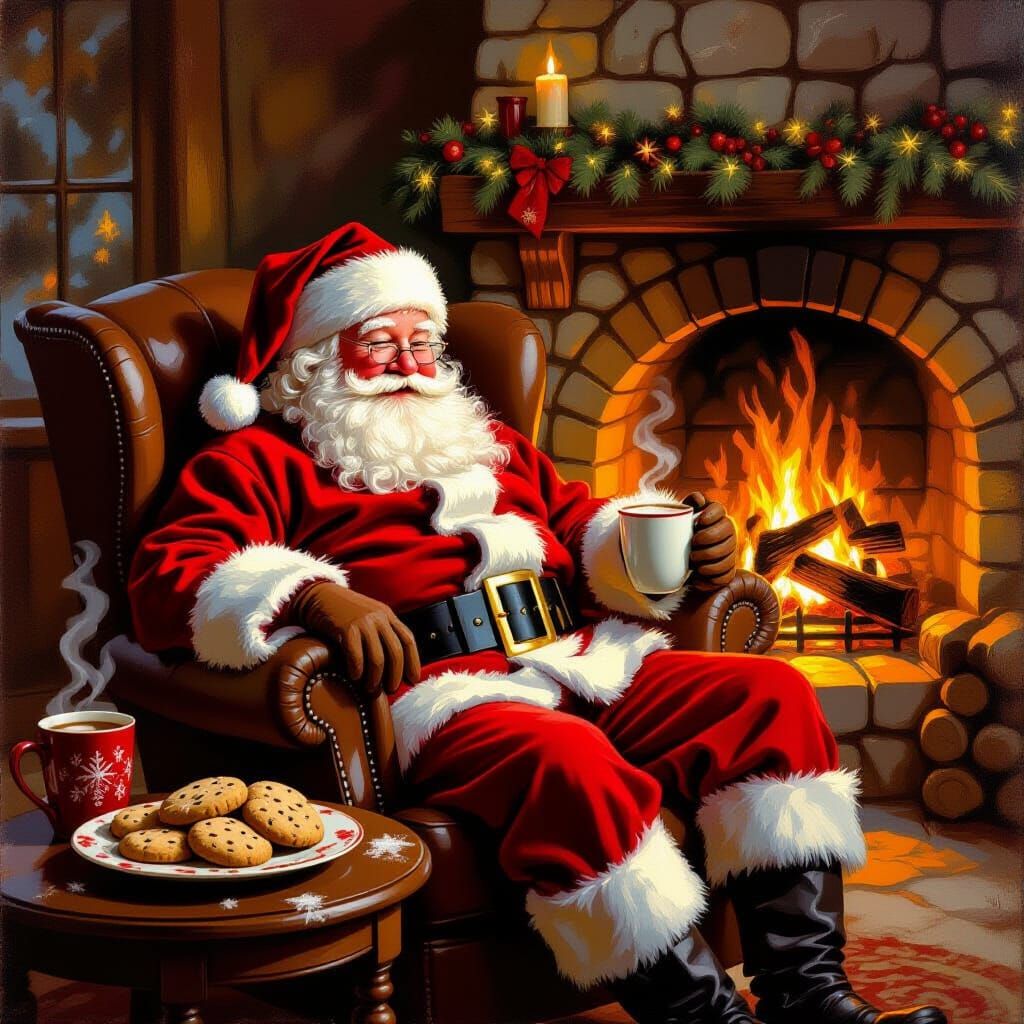 Santa Claus Relaxing by Fireplace in Oil Painting Style