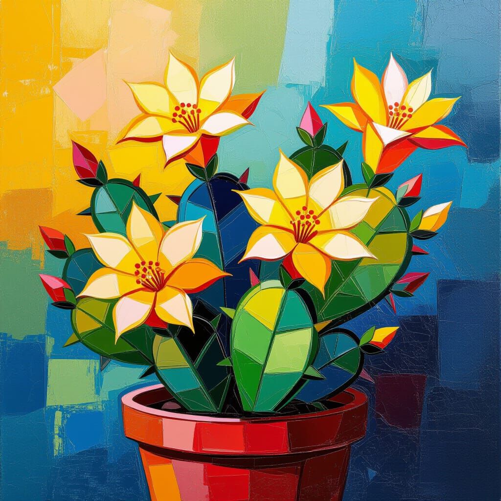 Yellow Christmas Cactus: Expressionist Impasto Oil Painting