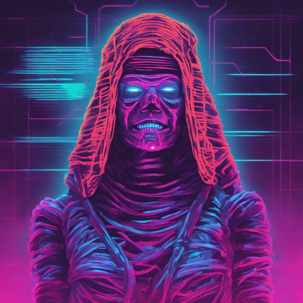 Synthwave Horror Mummy in Neon Retro Style