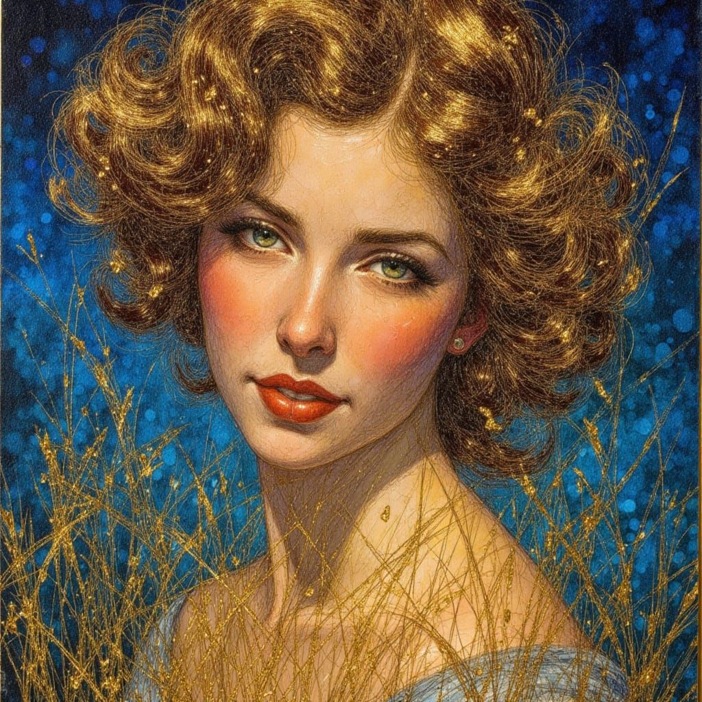 Nature Goddess in Gold and Blue, Klimt Style