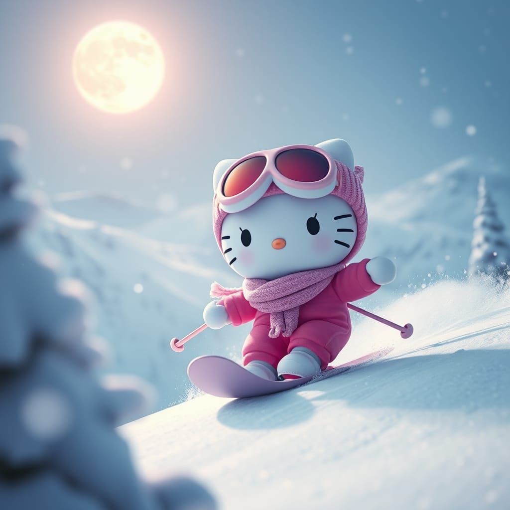 Hello Kitty Skiing Down Snowy Mountain in 3D