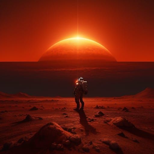 Astronaut on Desolate Planet Amidst Fiery Vortex Sky
