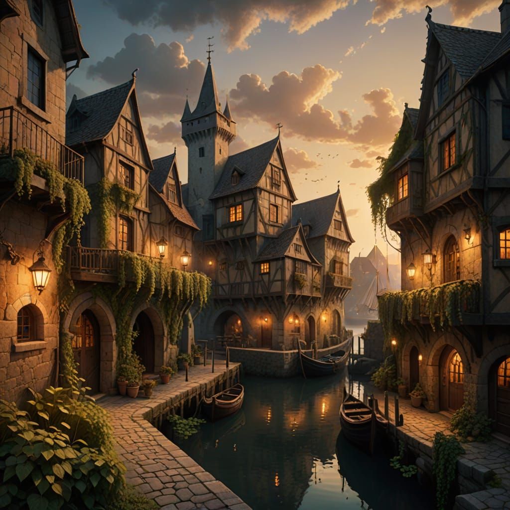 Medieval Harbor Town Enveloped in Twilight Vines