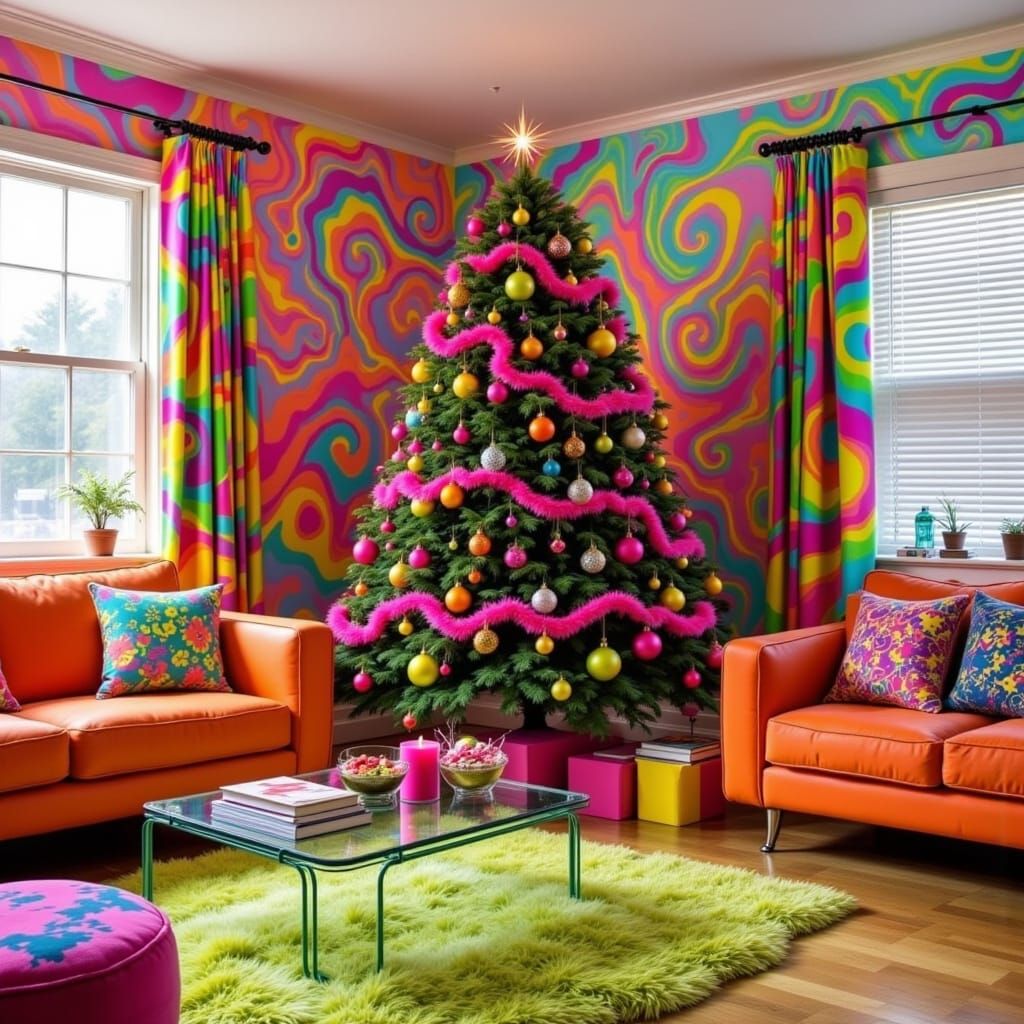 Retro Psychedelic Christmas Living Room in Vibrant Neon Colo...