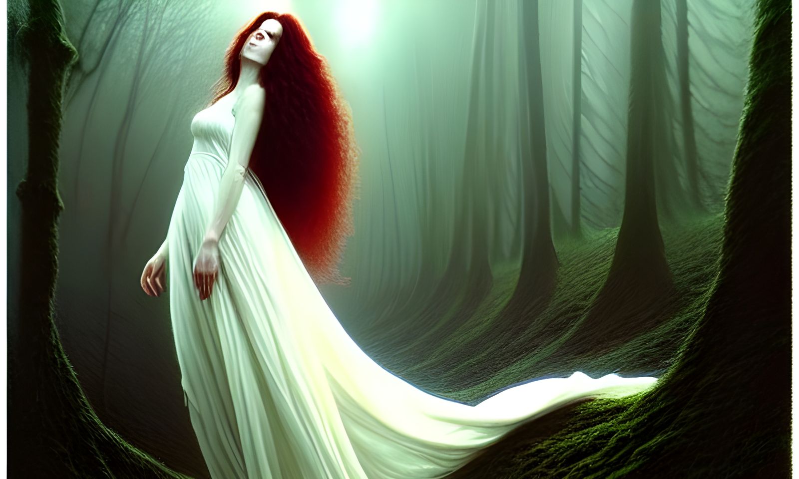 Elegant Forest Woman in Gown: Photorealistic Dark Fantasy