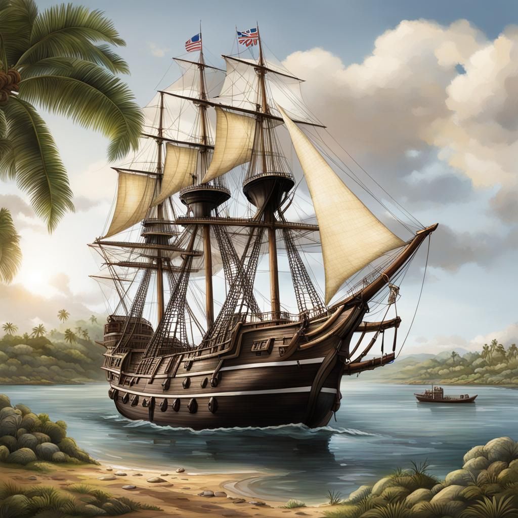 Captain Cook's Endeavour in Pacific Harbor: Ultra Realistic