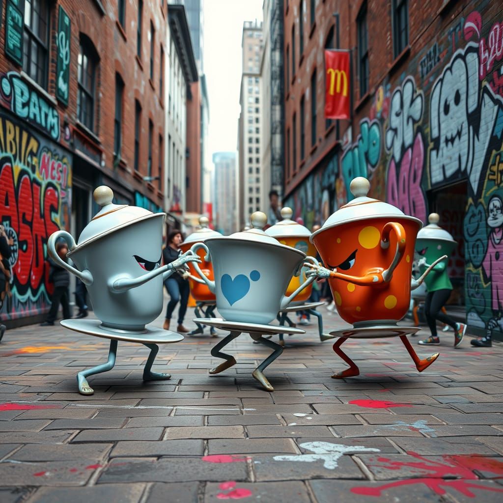 Anthropomorphic Teacups Street Dance Battle in Graffiti City...