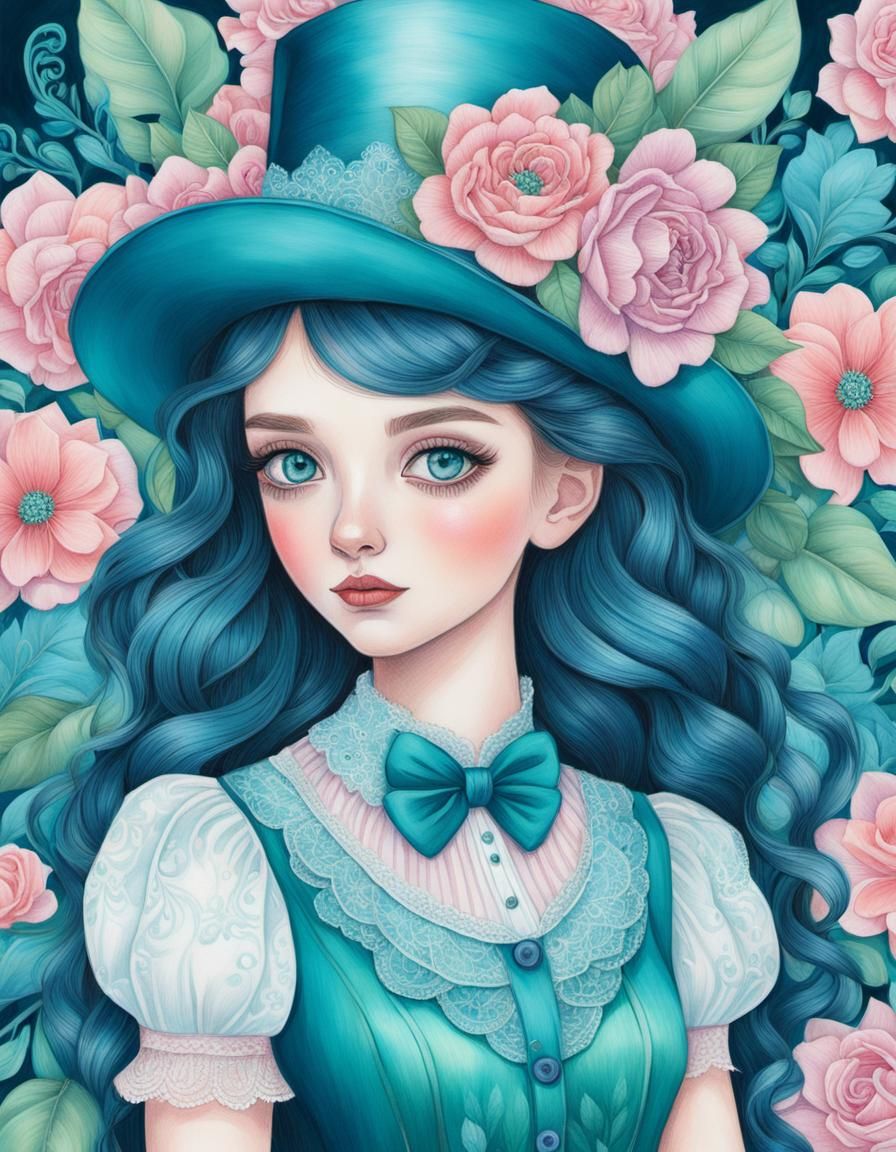 Steampunk Girl with Teal Top Hat Colored Pencil Illustration