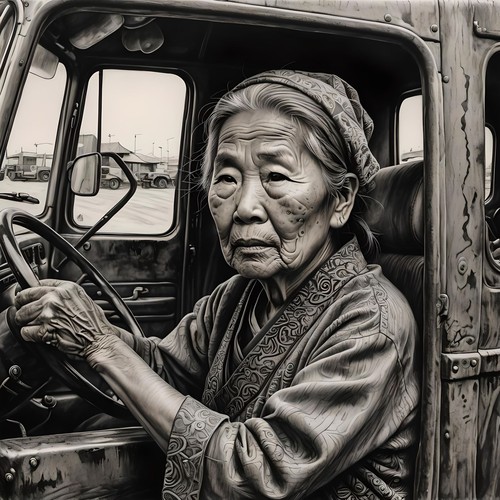 Old Asian Woman Driving a Semi-Truck