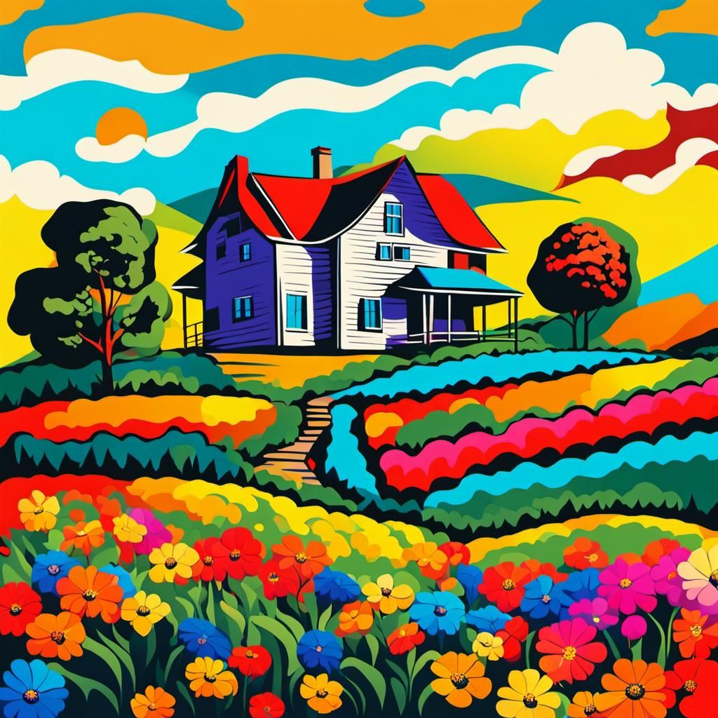 Farmhouse on Hill with Flowers in Pop Art Style