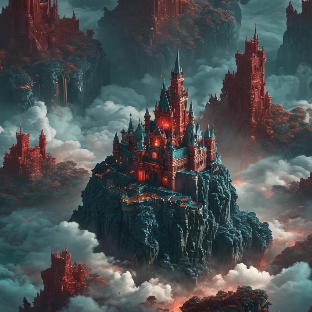 Red Crystal Castle Floating in Misty Clouds