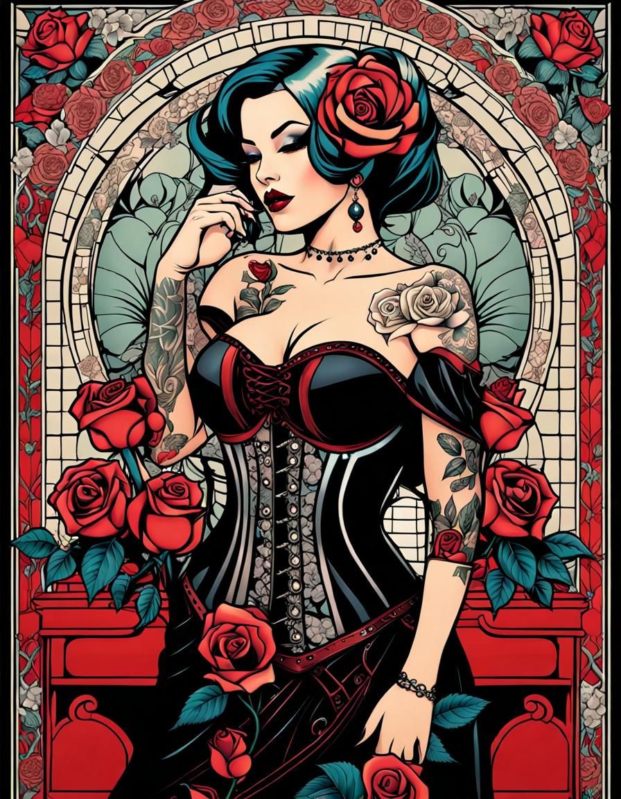 Tattooed Woman Portrait in Gothic Comicbook Style