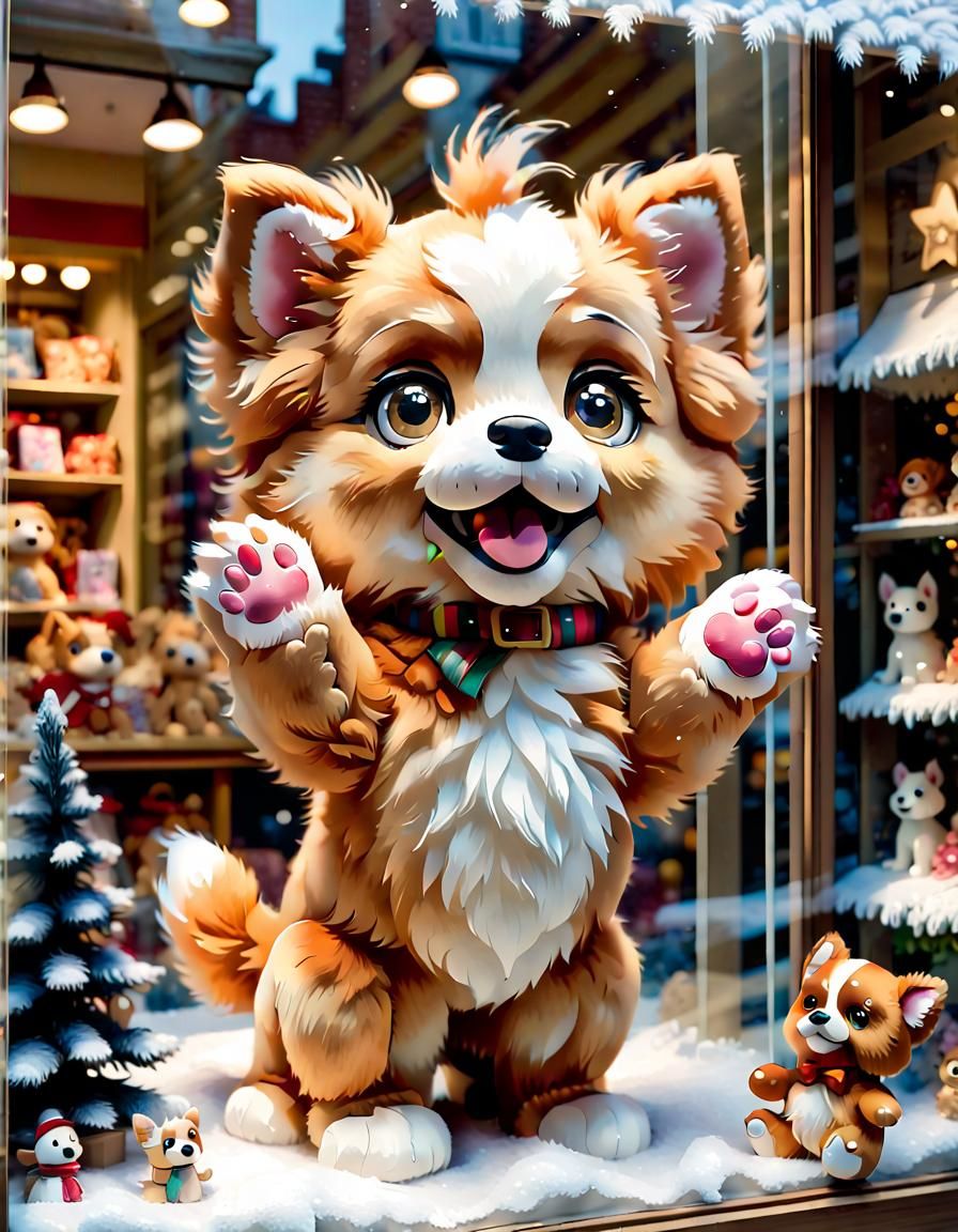 Chibi Puppy Waving from Toy Shop Window