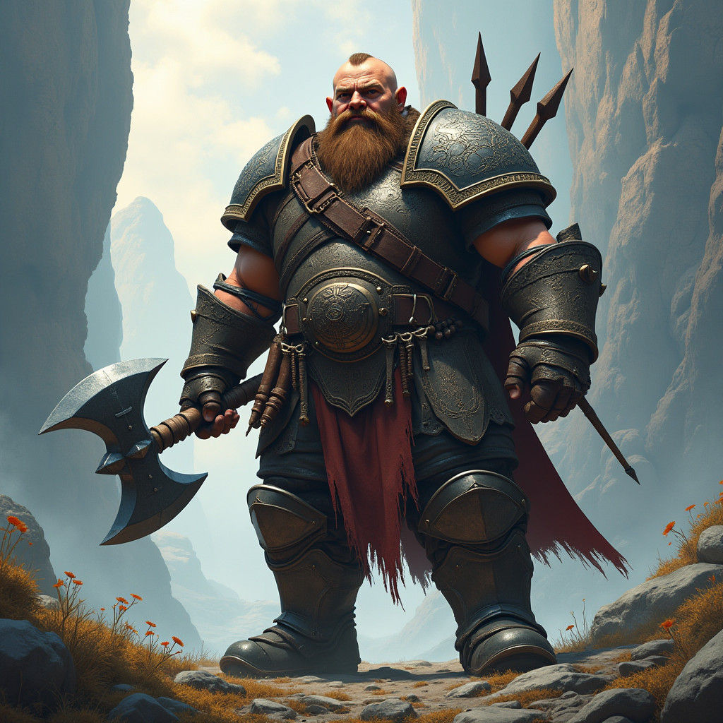 Dwarf Warrior in Fantasy Landscape, Detailed Matte Painting