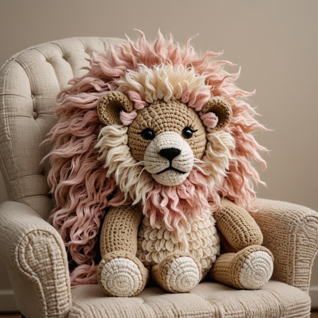 Crochet Plush Baby Lion in Cushioned Chair