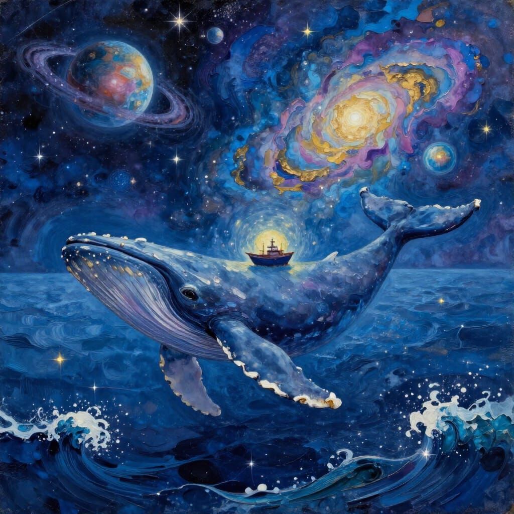 Cosmic Whales Guiding Earth in Surreal Gouache Style