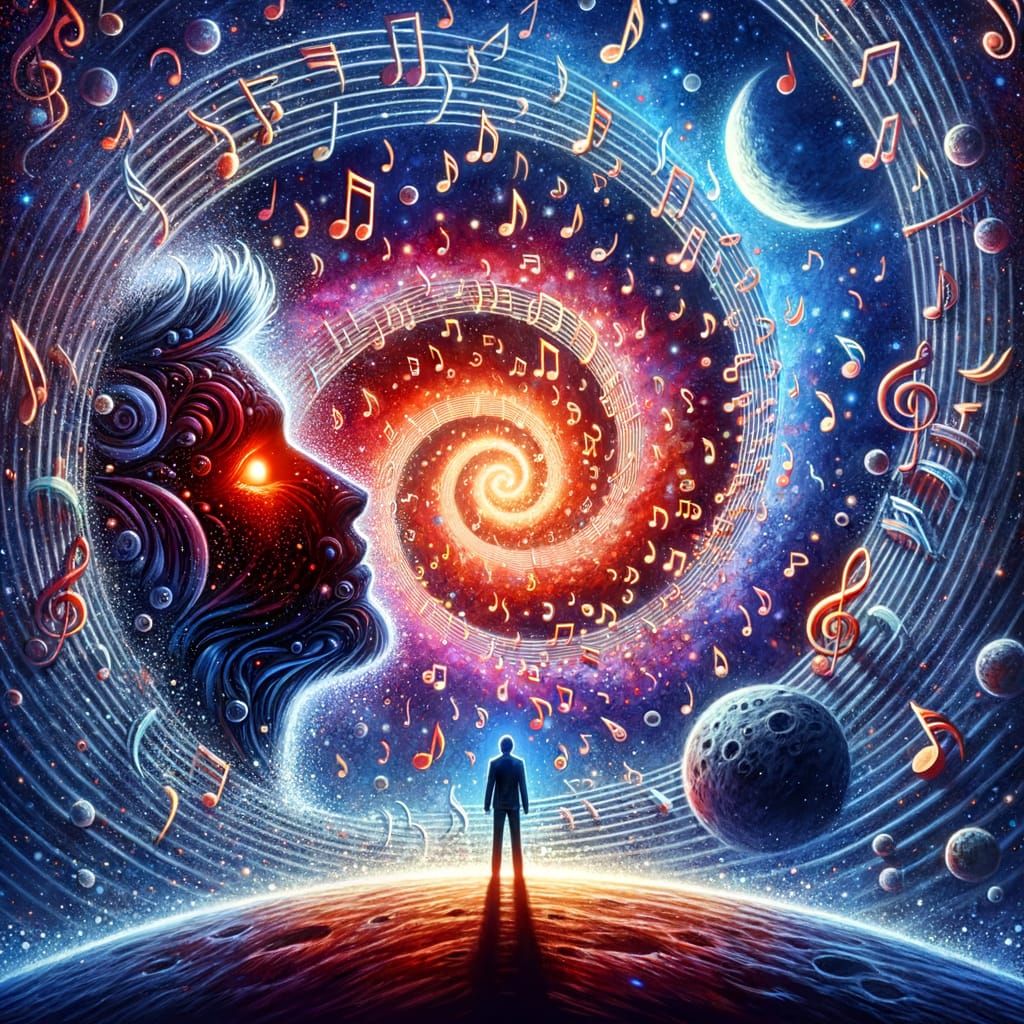 Surreal Music Galaxy with Glowing-Eyed Figure