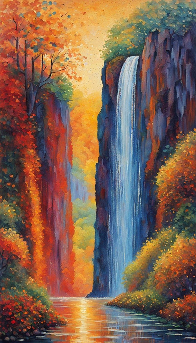 Neo-Impressionist Masterpiece: Majestic Waterfall at Sunset