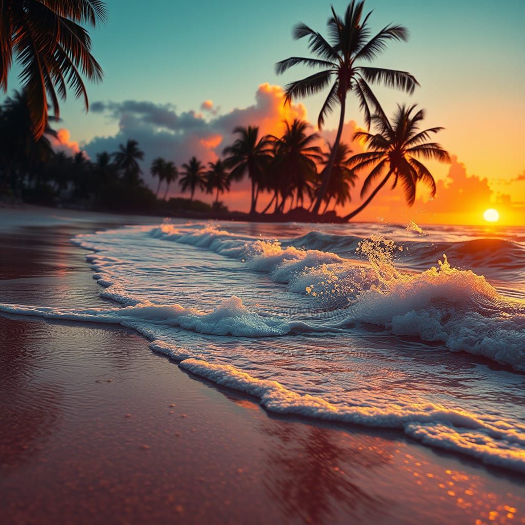Surreal Tropical Sunset Beachscape in Hyperrealistic Concept...