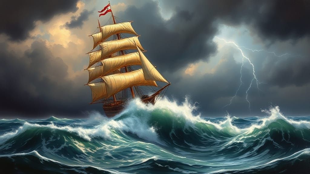 Majestic Ship on Stormy Sea in Classical Style