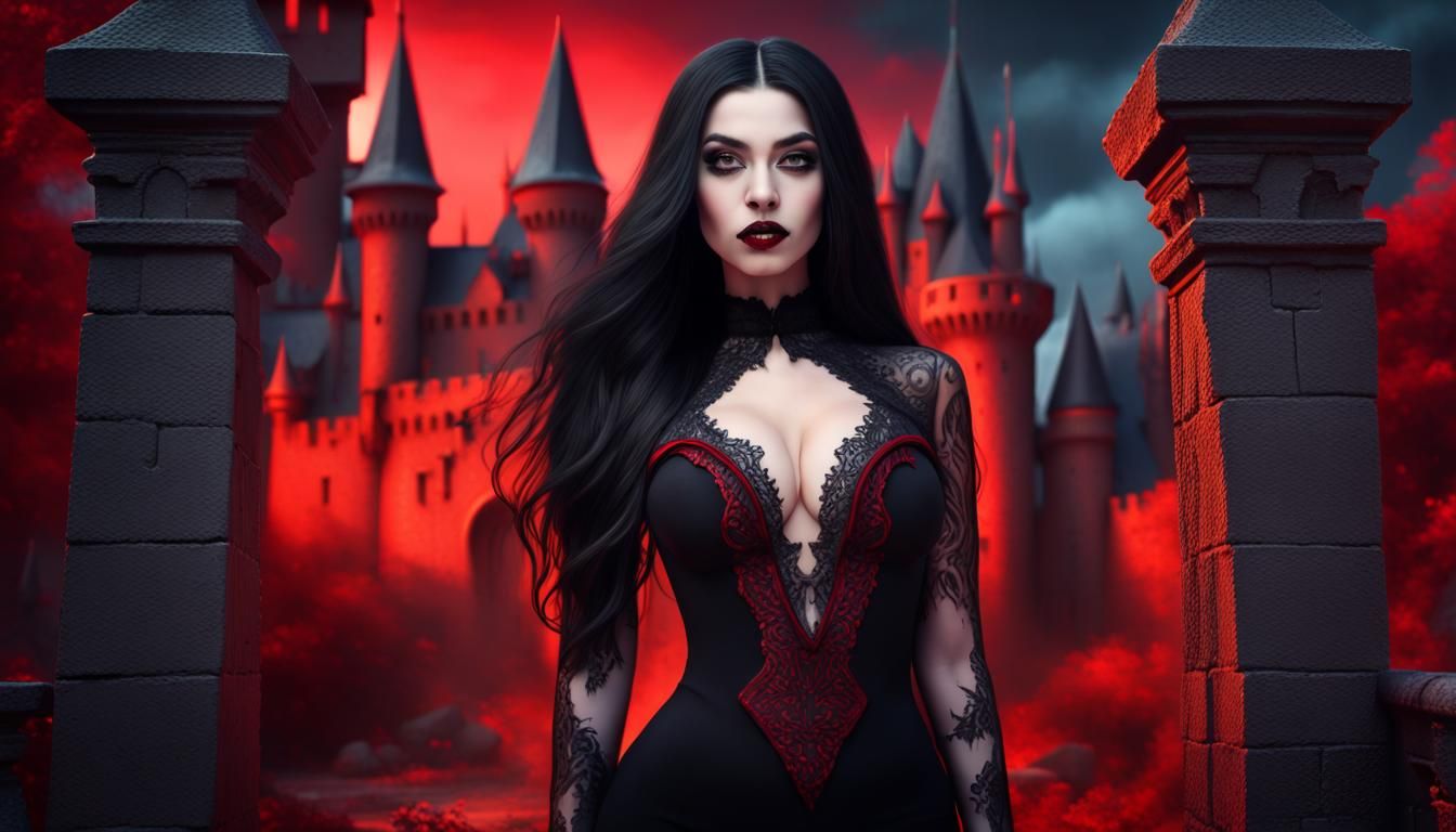 Beautiful Vampire Girl in Red Castle, Detailed Matte Paintin...