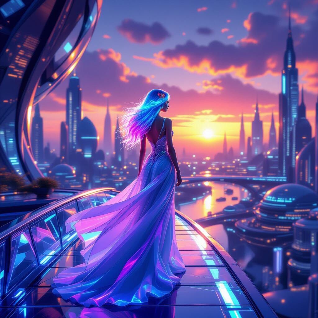 Woman on Crystal Bridge Overlooking Futuristic City in Sci-F...