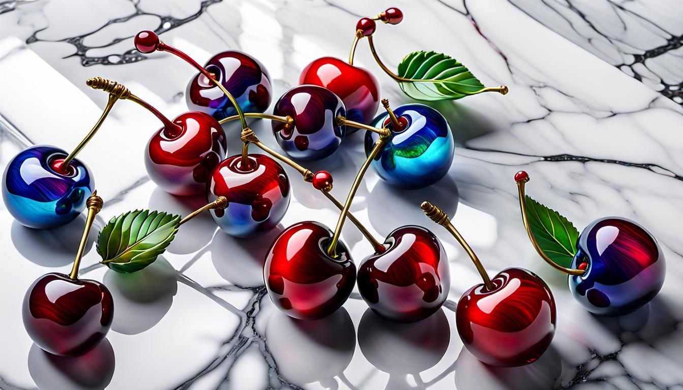 Blown Glass Cherries on Marble, 8K Art