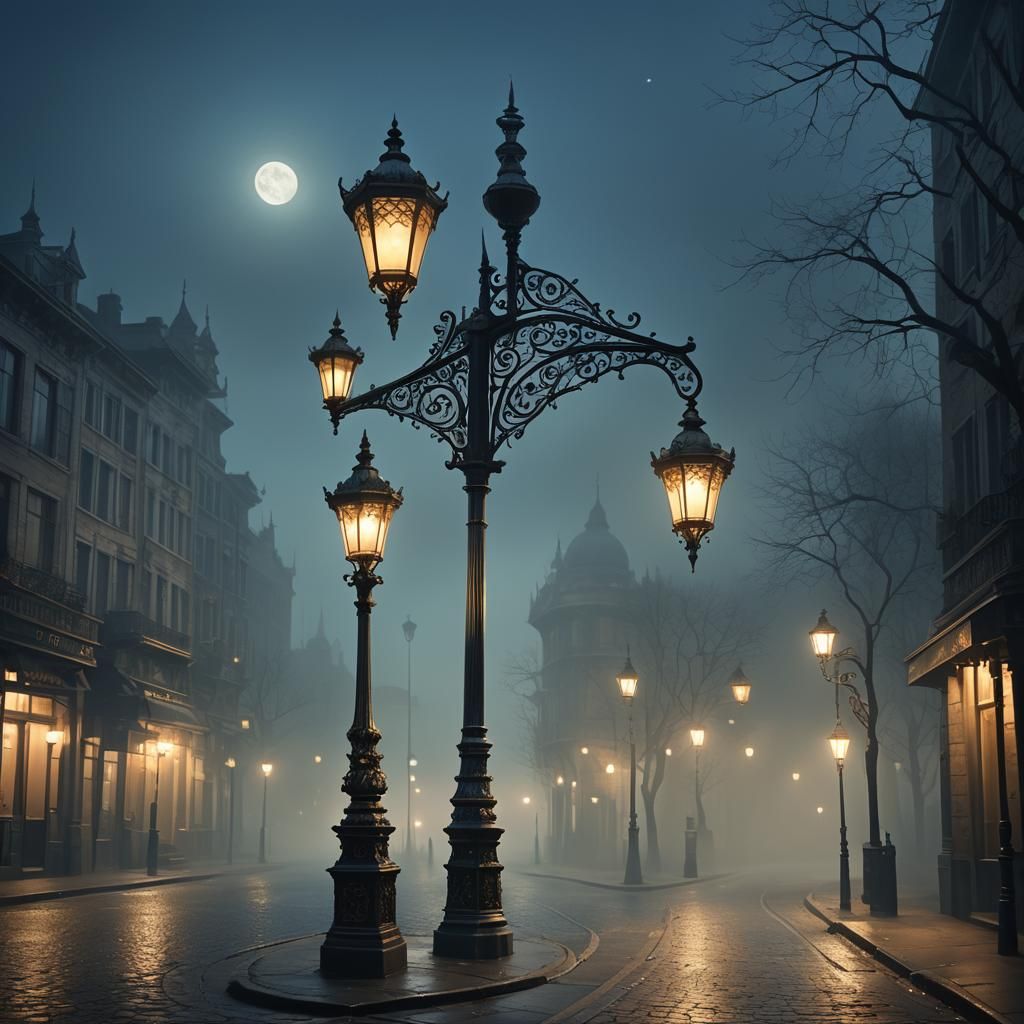 Ornate Lamppost in Moonlit Mist: Surreal Concept Art