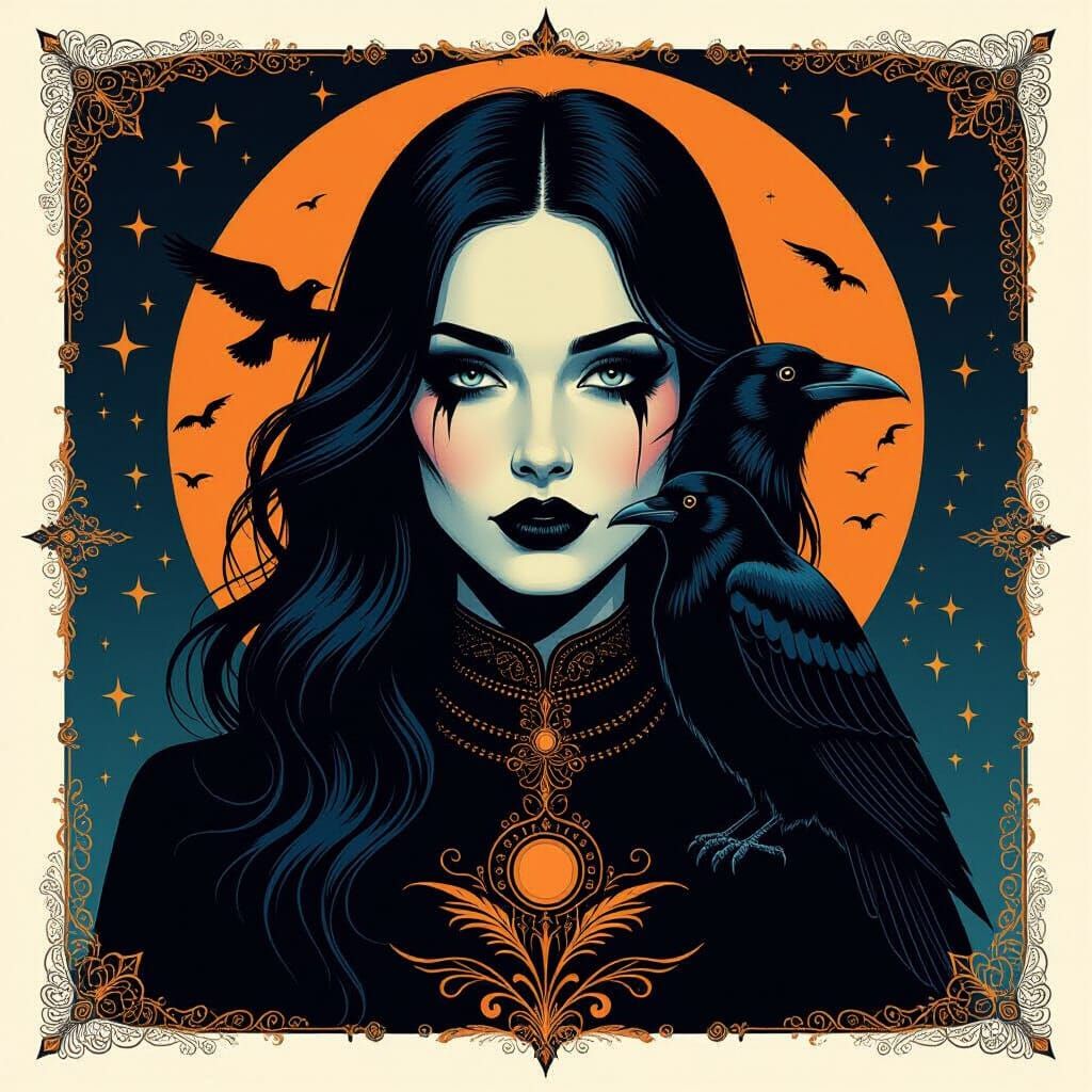 Goth Woman and Raven in Dark Fantasy Illustration