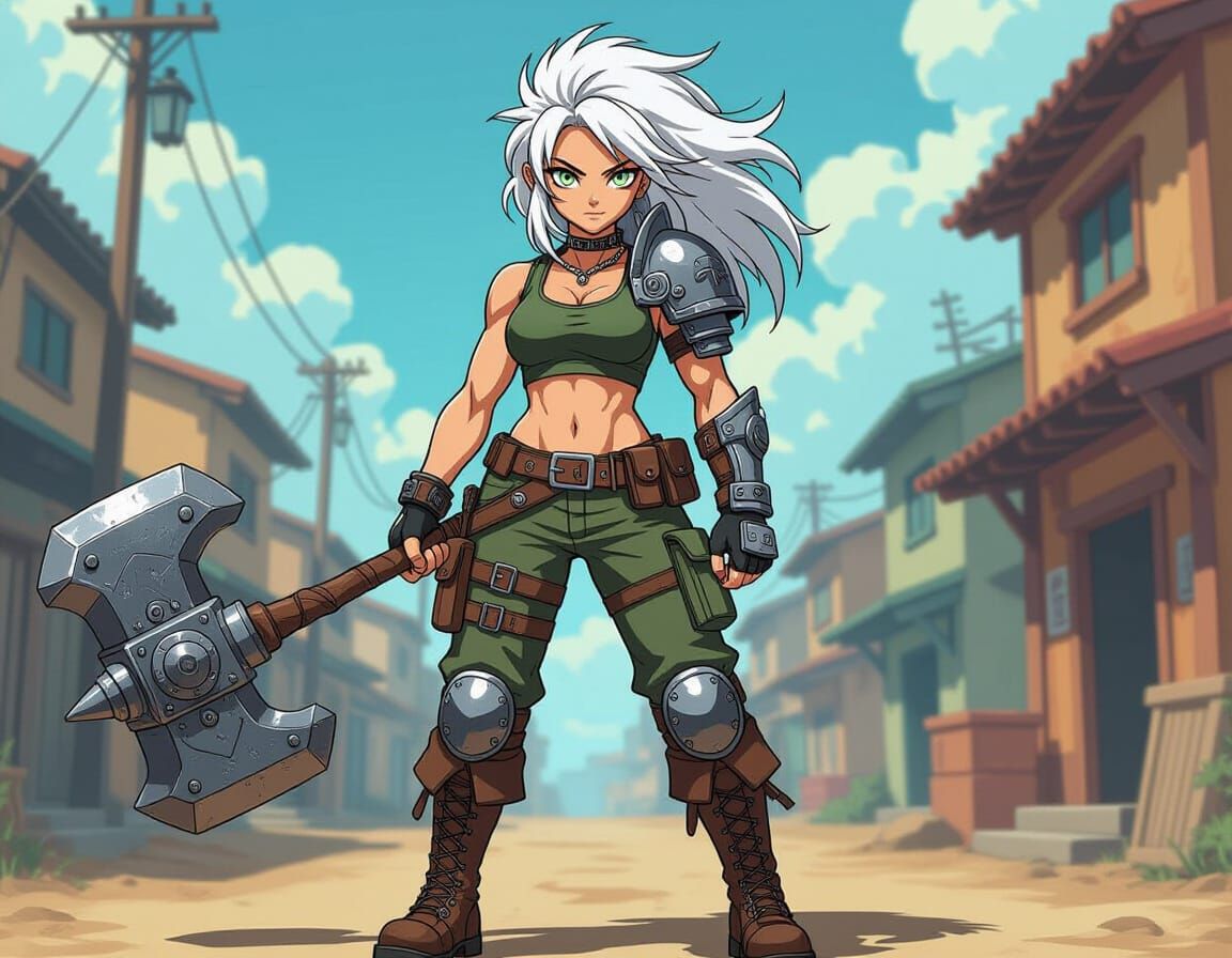 Confident Manga Woman with Warhammer in Studio Trigger Style