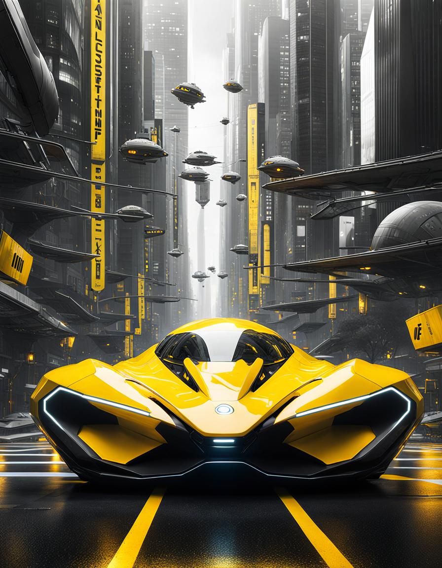 Futuristic Yellow Sci-Fi Vehicle in Metropolis