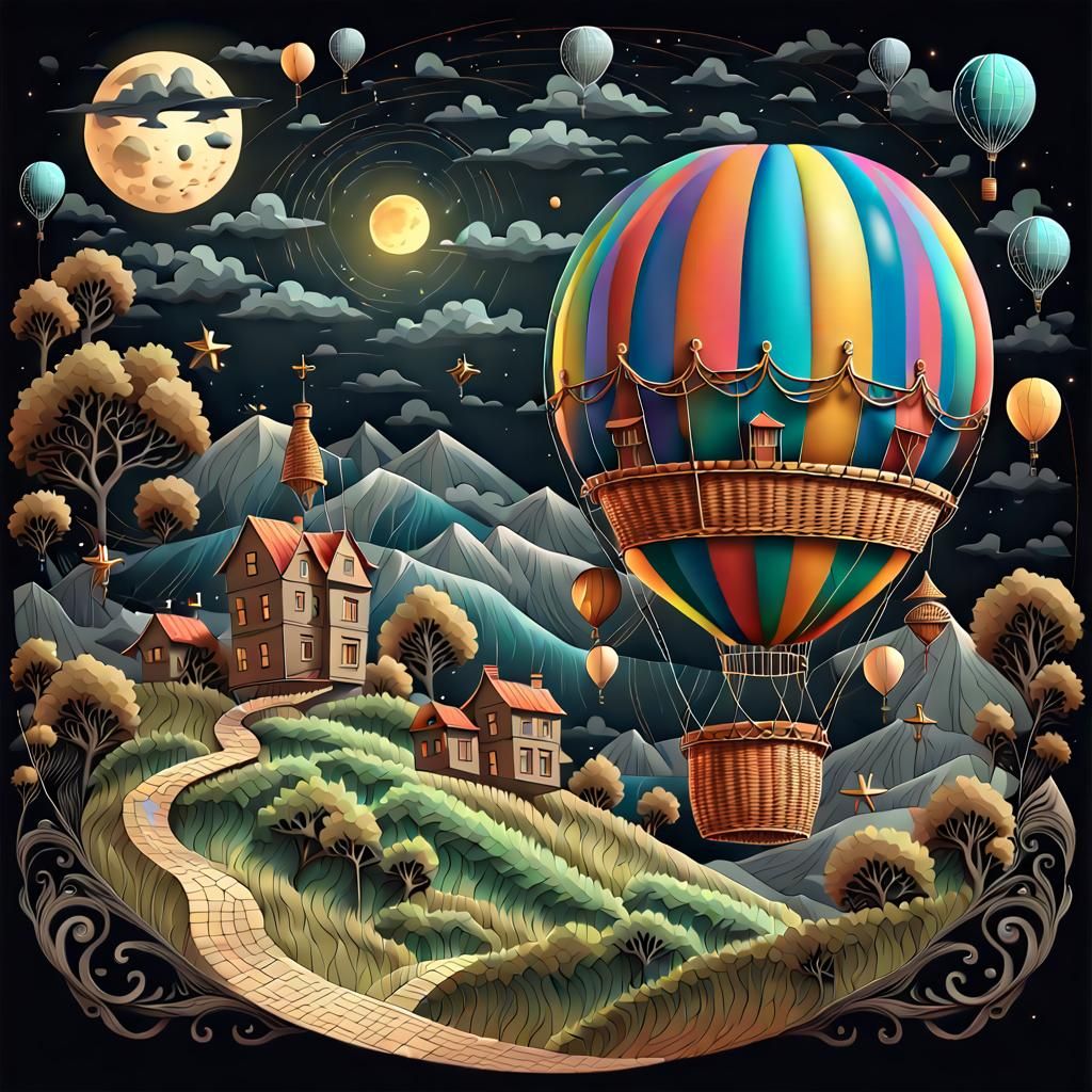 Cosmic Moon Balloon in Folk Art Style