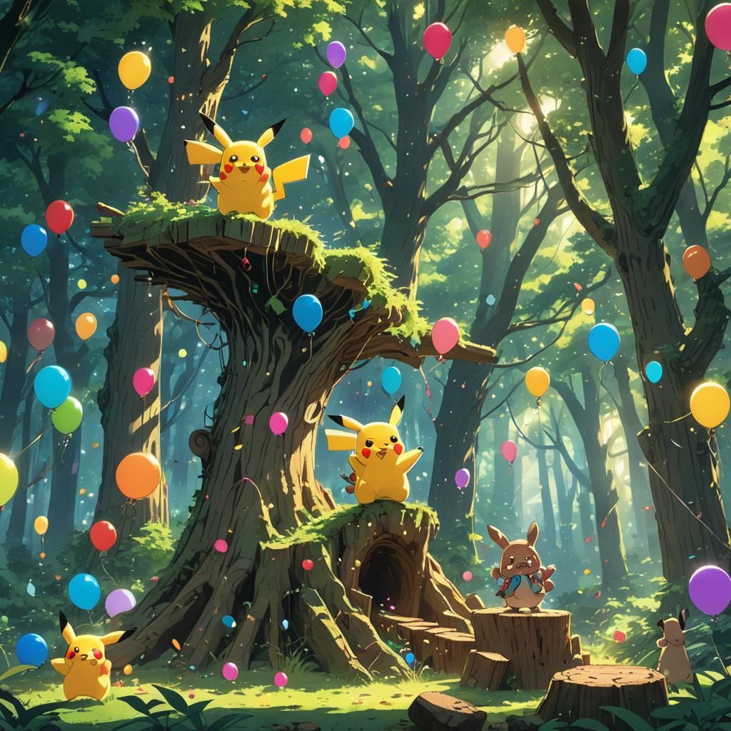 Pikachu's Forest Party: A Studio Ghibli Anime Scene