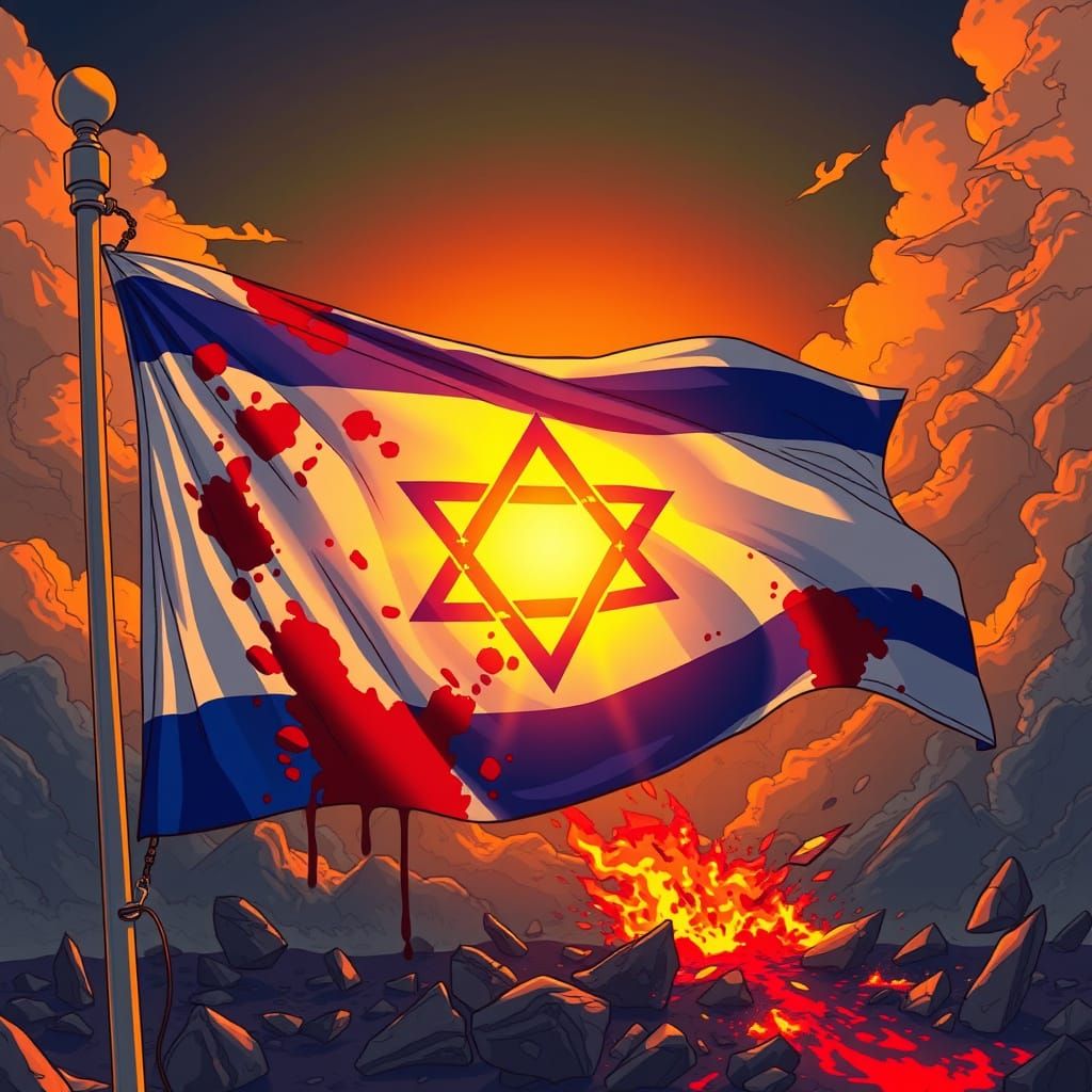 Hopeful Sunrise Over Burning Flag in Anime Style